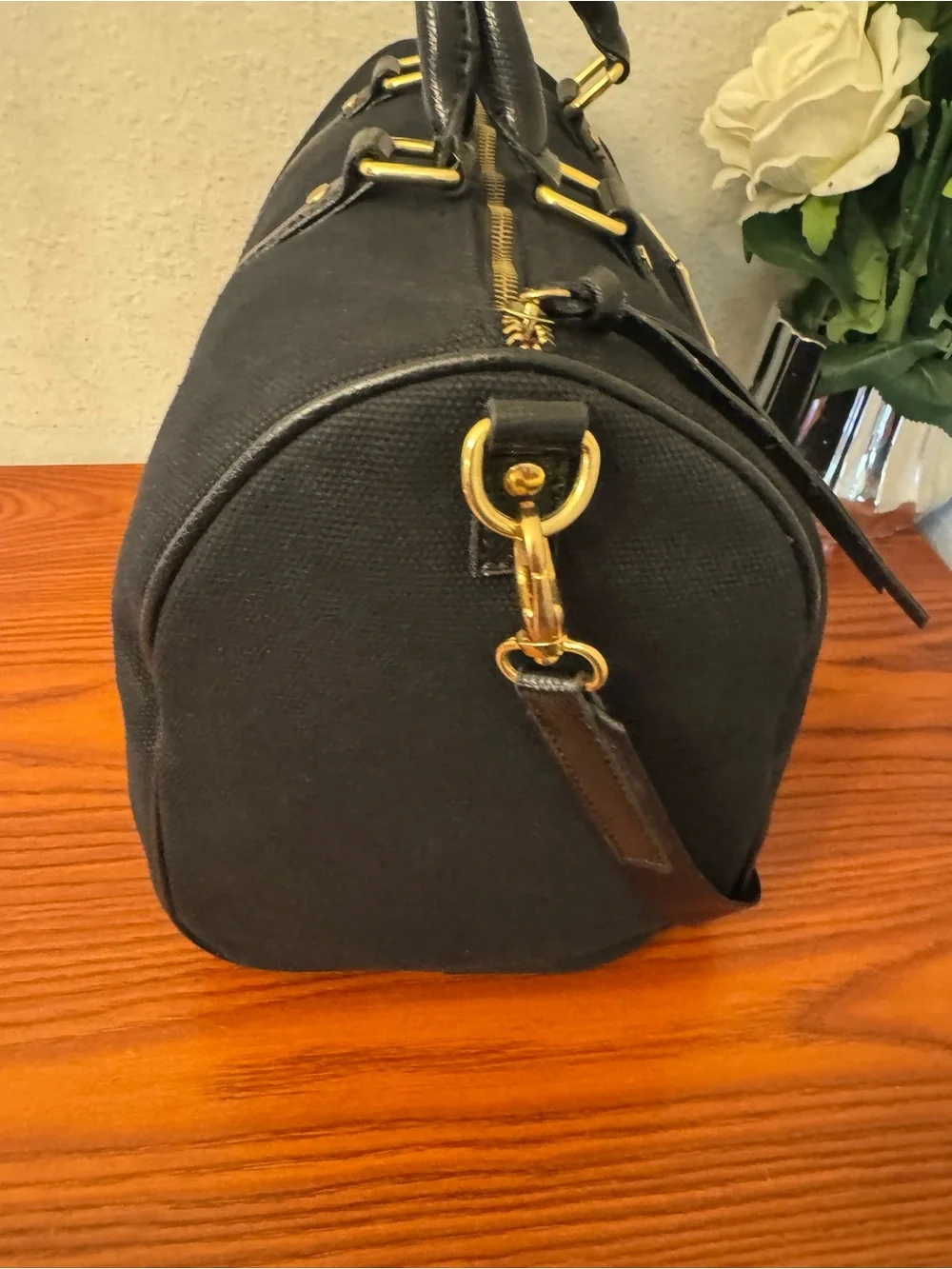 Victoria's Secret Black Duffel Bag with Gold Hardware Plate